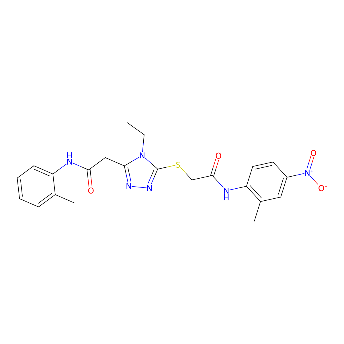 2-[4-ethyl-5-[2-(2-methyl-4-nitroanilino)-2-oxoethyl]sulfanyl-1,2,4-triazol-3-yl]-N-(2-methylphenyl)acetamide molecular structure, CAS 792943-29-4