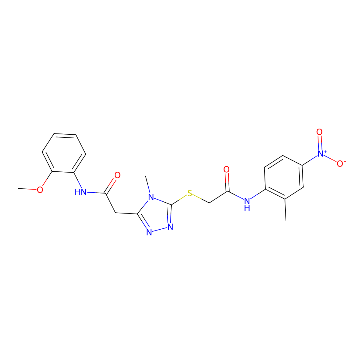 N-(2-methoxyphenyl)-2-[4-methyl-5-[2-(2-methyl-4-nitroanilino)-2-oxoethyl]sulfanyl-1,2,4-triazol-3-yl]acetamide molecular structure, CAS 792943-30-7
