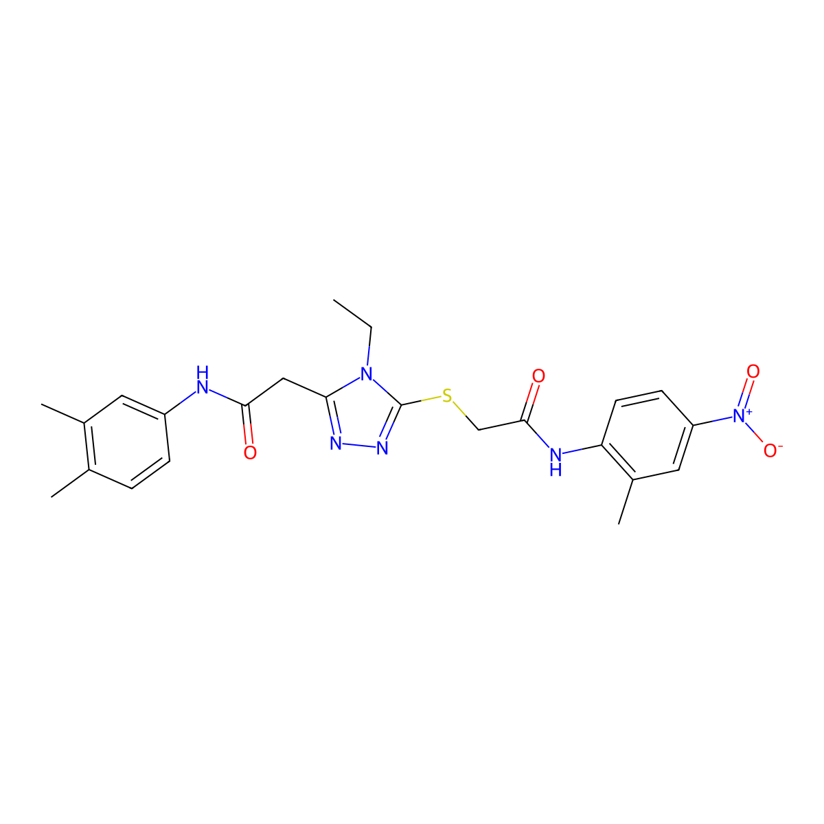 N-(3,4-dimethylphenyl)-2-[4-ethyl-5-[2-(2-methyl-4-nitroanilino)-2-oxoethyl]sulfanyl-1,2,4-triazol-3-yl]acetamide molecular structure, CAS 792943-31-8