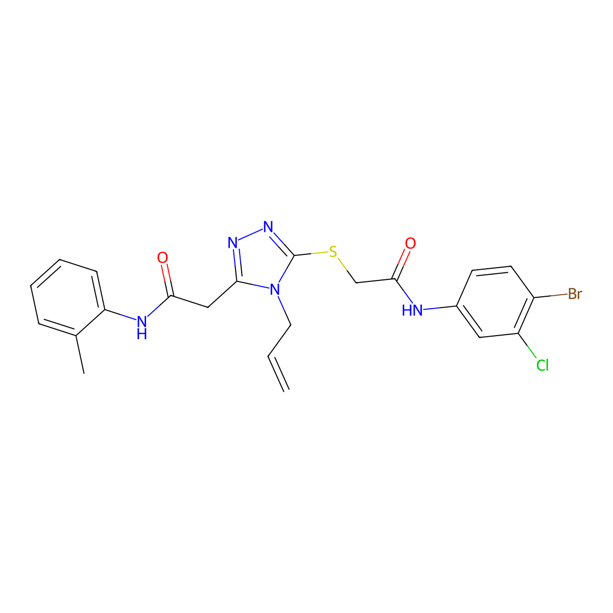 2-[5-[2-(4-bromo-3-chloroanilino)-2-oxoethyl]sulfanyl-4-prop-2-enyl-1,2,4-triazol-3-yl]-N-(2-methylphenyl)acetamide molecular structure, CAS 792943-32-9