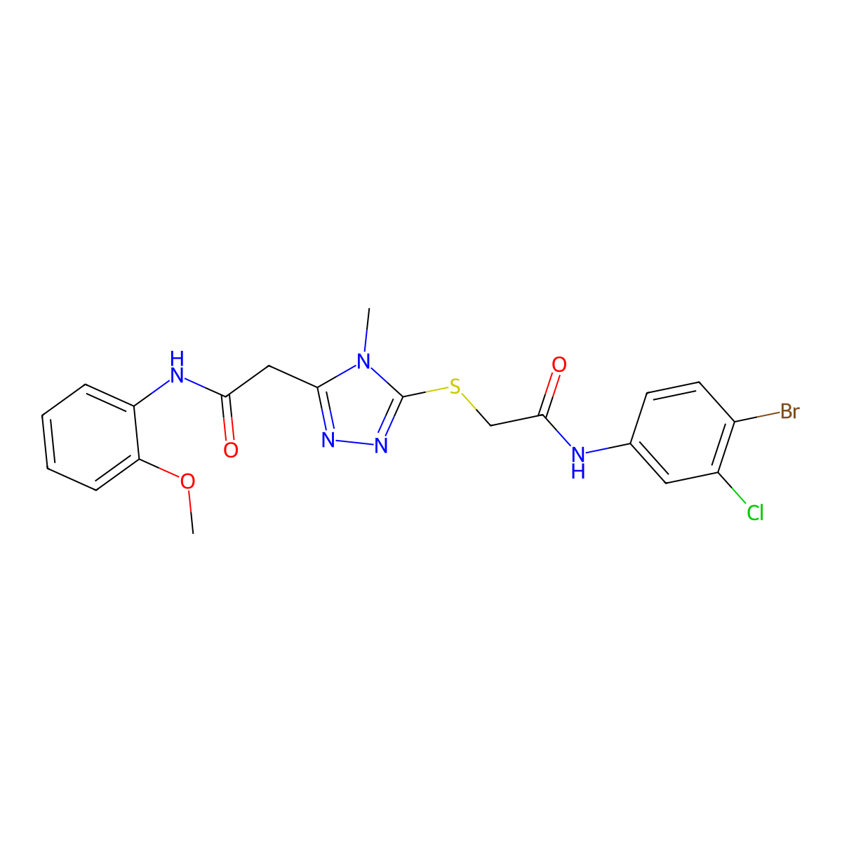 2-[5-[2-(4-bromo-3-chloroanilino)-2-oxoethyl]sulfanyl-4-methyl-1,2,4-triazol-3-yl]-N-(2-methoxyphenyl)acetamide molecular structure, CAS 792943-33-0