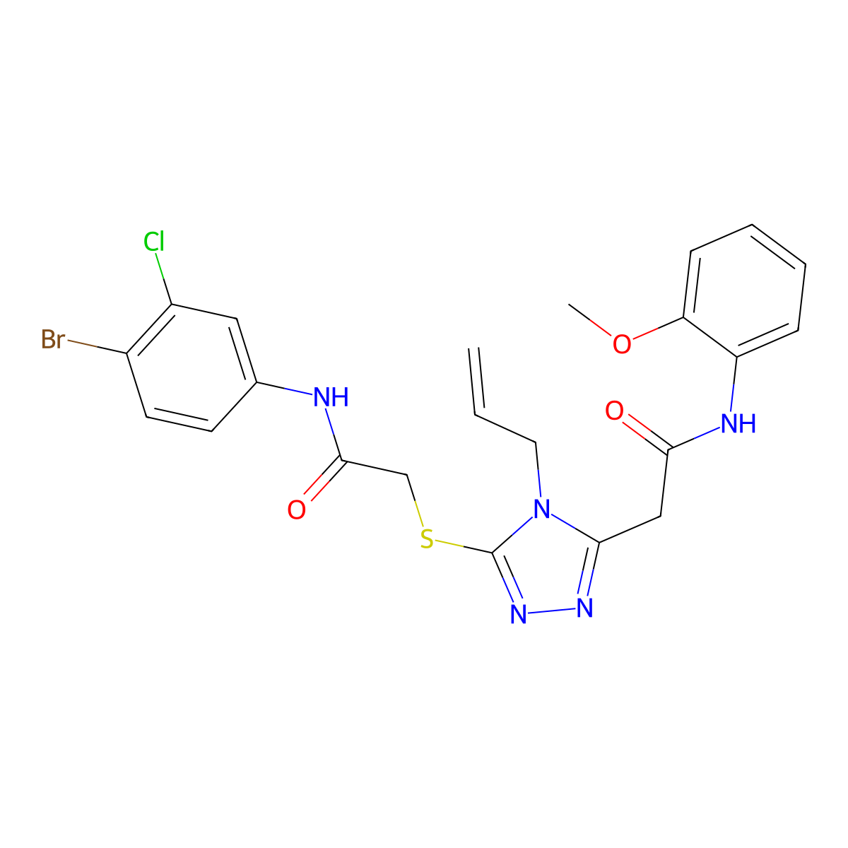 2-[5-[2-(4-bromo-3-chloroanilino)-2-oxoethyl]sulfanyl-4-prop-2-enyl-1,2,4-triazol-3-yl]-N-(2-methoxyphenyl)acetamide molecular structure, CAS 792943-34-1