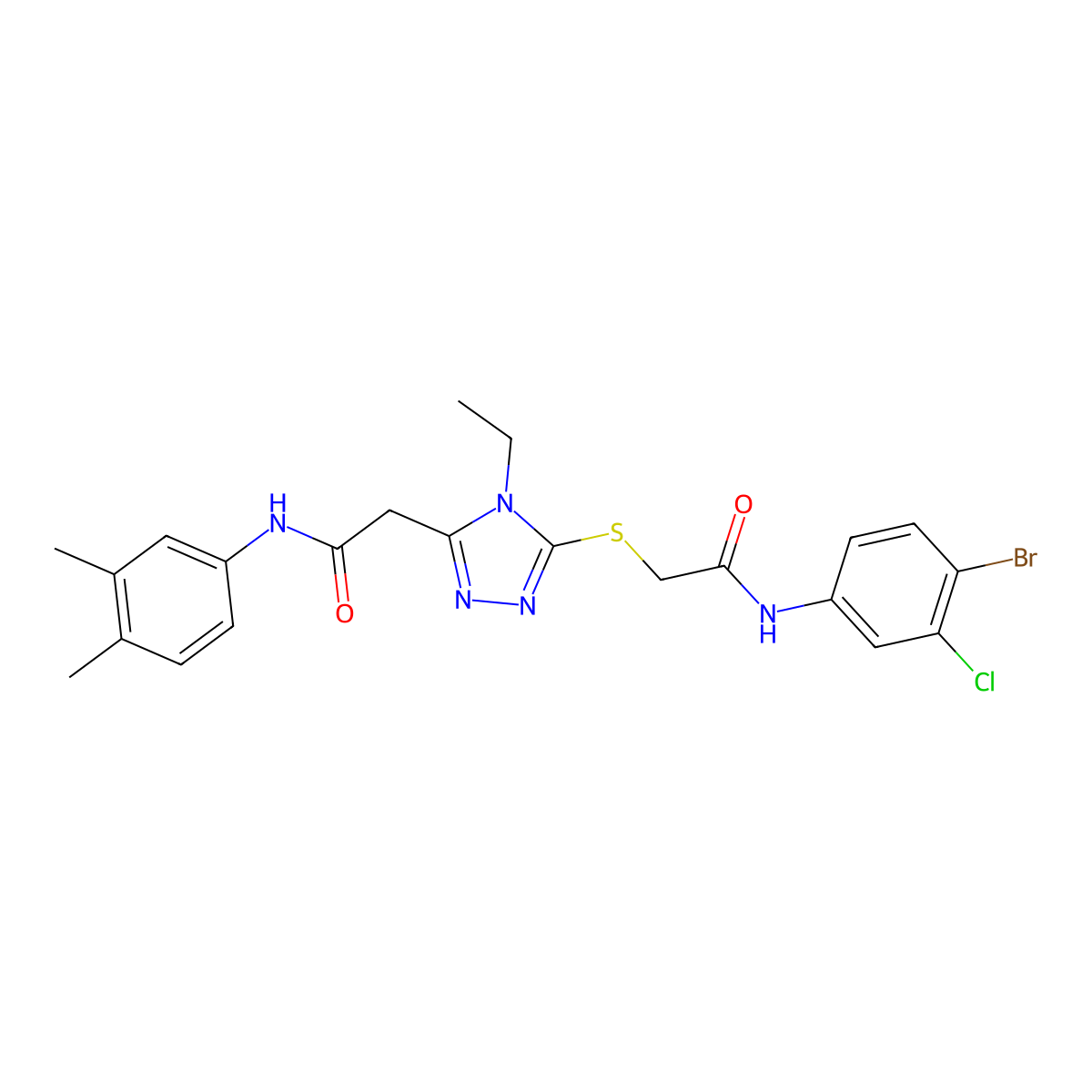 2-[5-[2-(4-bromo-3-chloroanilino)-2-oxoethyl]sulfanyl-4-ethyl-1,2,4-triazol-3-yl]-N-(3,4-dimethylphenyl)acetamide molecular structure, CAS 792943-36-3