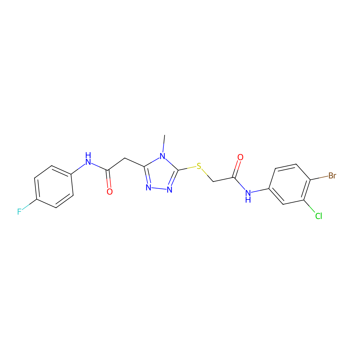 2-[5-[2-(4-bromo-3-chloroanilino)-2-oxoethyl]sulfanyl-4-methyl-1,2,4-triazol-3-yl]-N-(4-fluorophenyl)acetamide molecular structure, CAS 792943-38-5