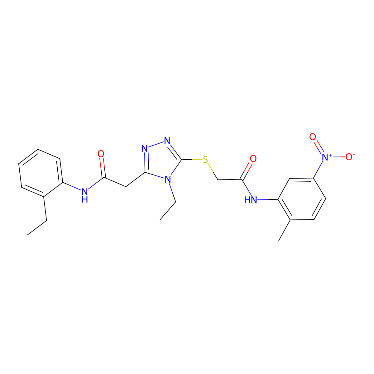 2-[4-ethyl-5-[2-(2-methyl-5-nitroanilino)-2-oxoethyl]sulfanyl-1,2,4-triazol-3-yl]-N-(2-ethylphenyl)acetamide molecular structure, CAS 792943-41-0