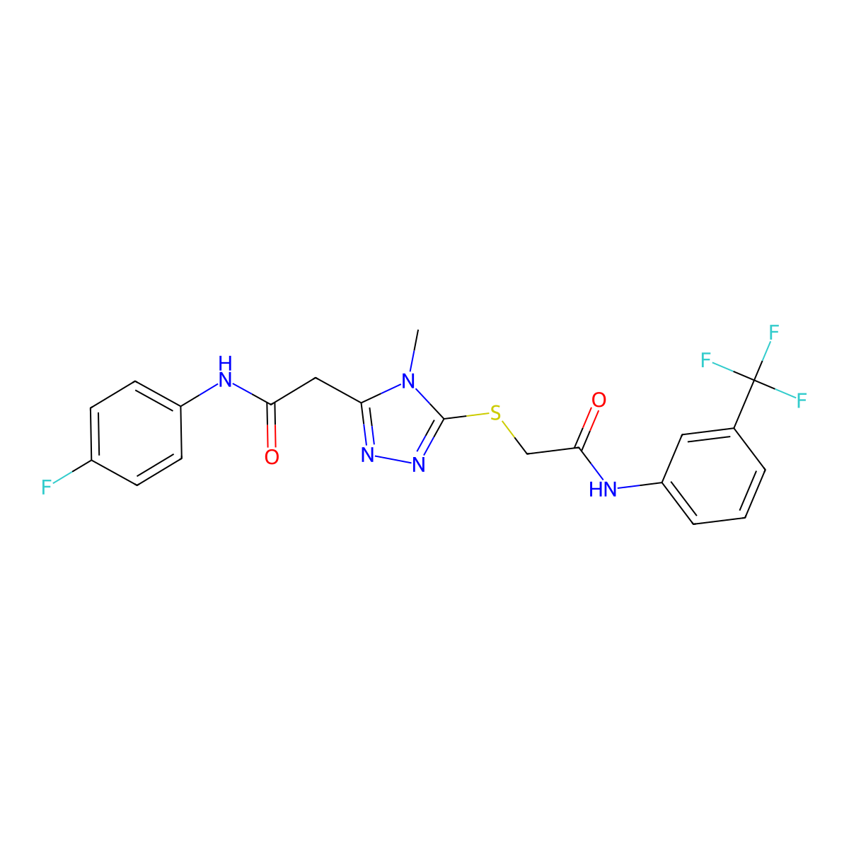 N-(4-fluorophenyl)-2-[4-methyl-5-[2-oxo-2-[3-(trifluoromethyl)anilino]ethyl]sulfanyl-1,2,4-triazol-3-yl]acetamide molecular structure, CAS 792943-42-1