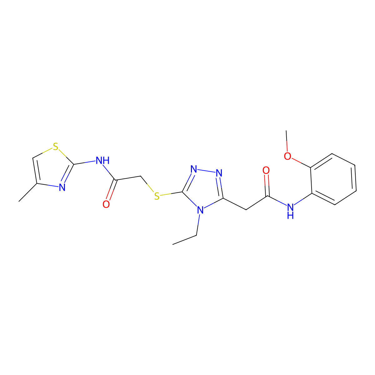 2-[4-ethyl-5-[2-[(4-methyl-1,3-thiazol-2-yl)amino]-2-oxoethyl]sulfanyl-1,2,4-triazol-3-yl]-N-(2-methoxyphenyl)acetamide molecular structure, CAS 792943-43-2