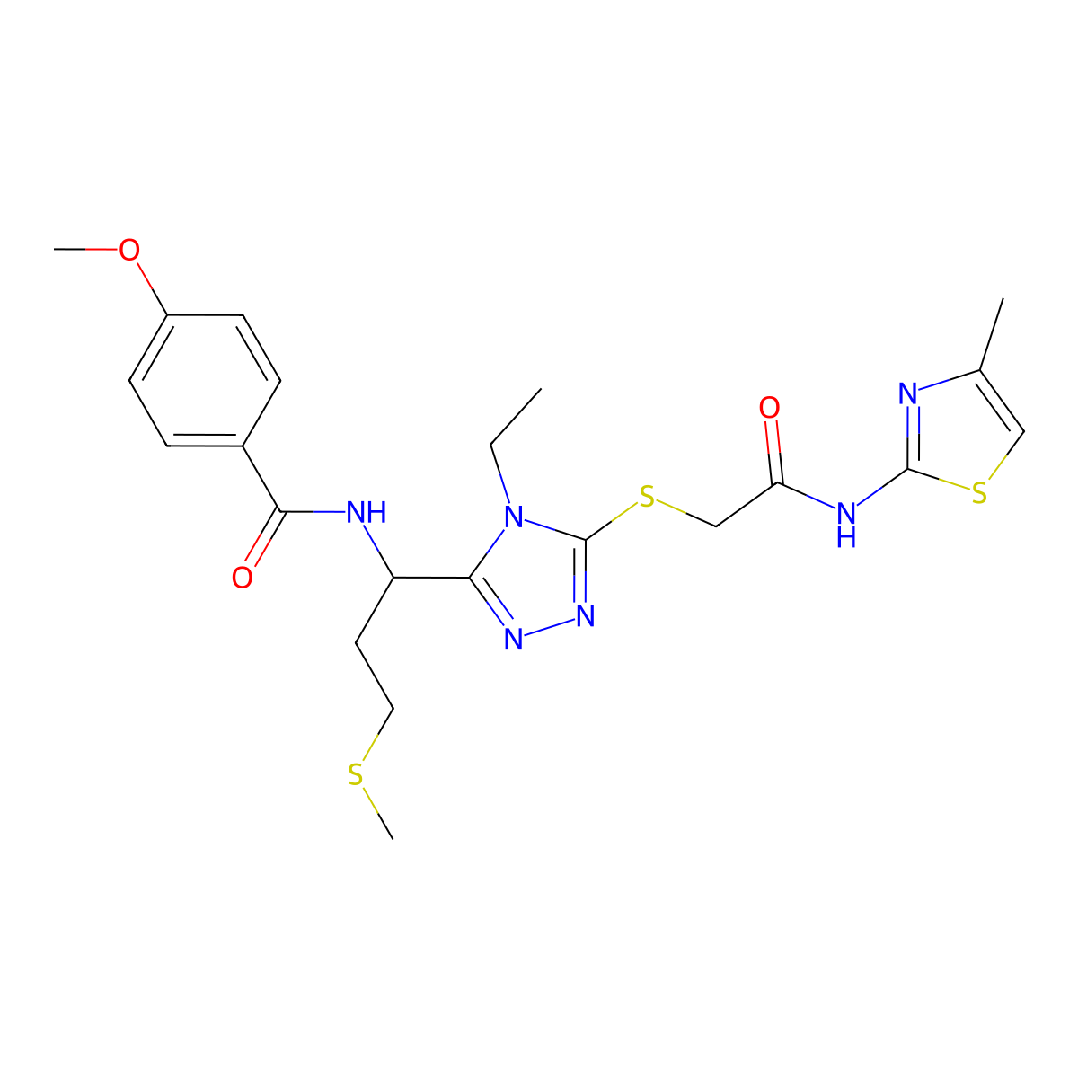 N-{1-[4-ethyl-5-({2-[(4-methyl-1,3-thiazol-2-yl)amino]-2-oxoethyl}sulfanyl)-4H-1,2,4-triazol-3-yl]-3-(methylsulfanyl)propyl}-4-methoxybenzamide molecular structure, CAS 792943-44-3