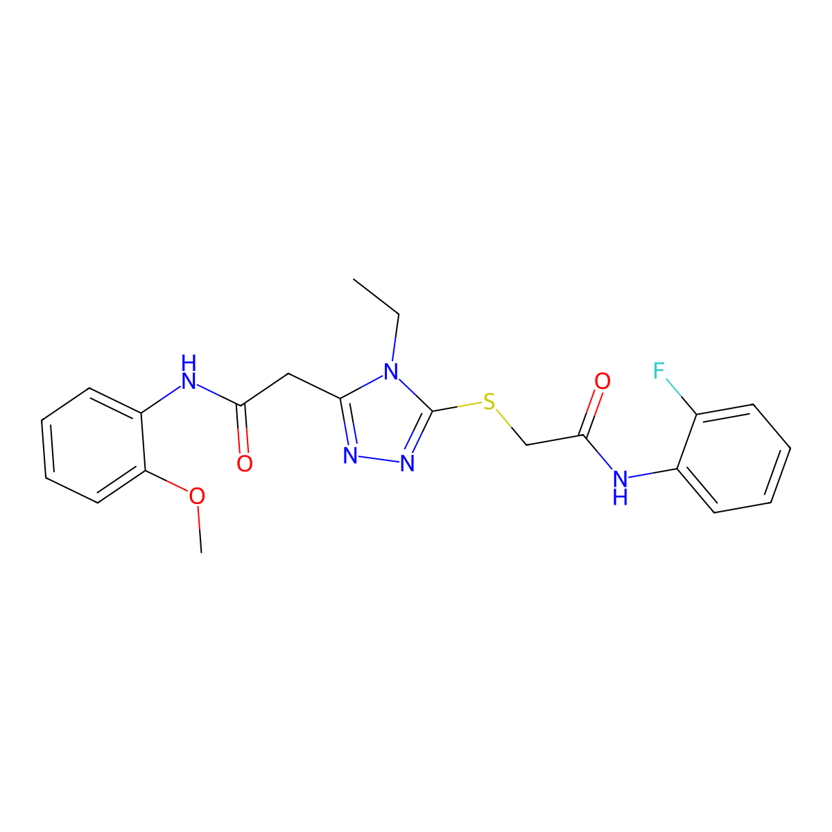 2-[4-ethyl-5-[2-(2-fluoroanilino)-2-oxoethyl]sulfanyl-1,2,4-triazol-3-yl]-N-(2-methoxyphenyl)acetamide molecular structure, CAS 792943-52-3