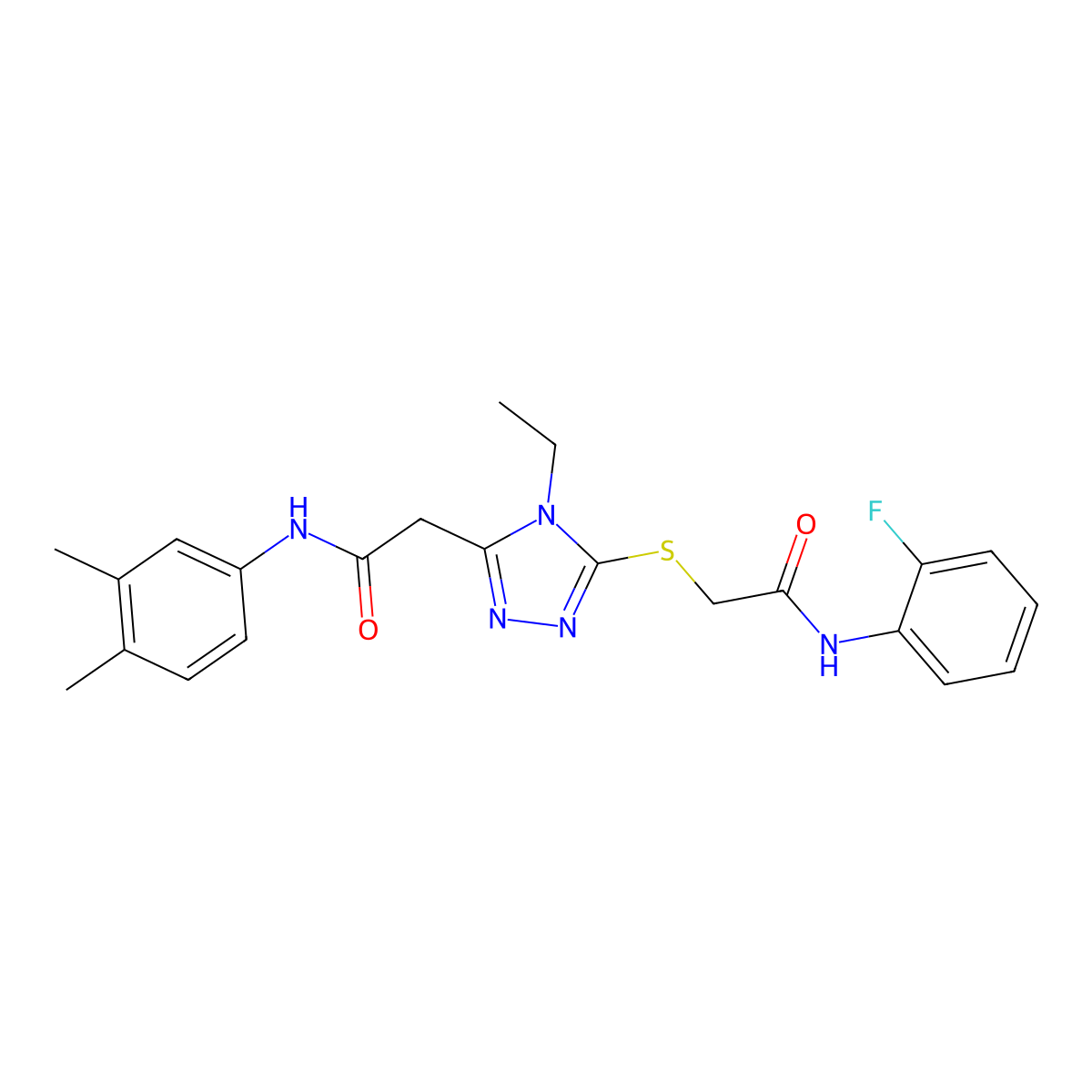 N-(3,4-dimethylphenyl)-2-[4-ethyl-5-[2-(2-fluoroanilino)-2-oxoethyl]sulfanyl-1,2,4-triazol-3-yl]acetamide molecular structure, CAS 792943-54-5