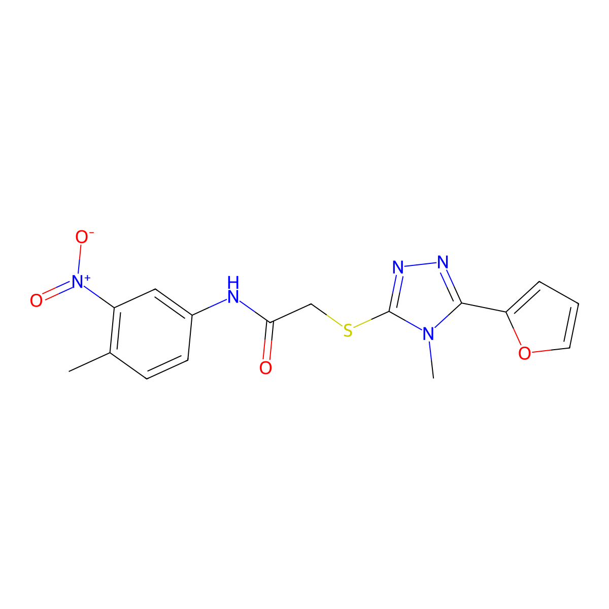 2-[[5-(furan-2-yl)-4-methyl-1,2,4-triazol-3-yl]sulfanyl]-N-(4-methyl-3-nitrophenyl)acetamide molecular structure, CAS 792943-63-6