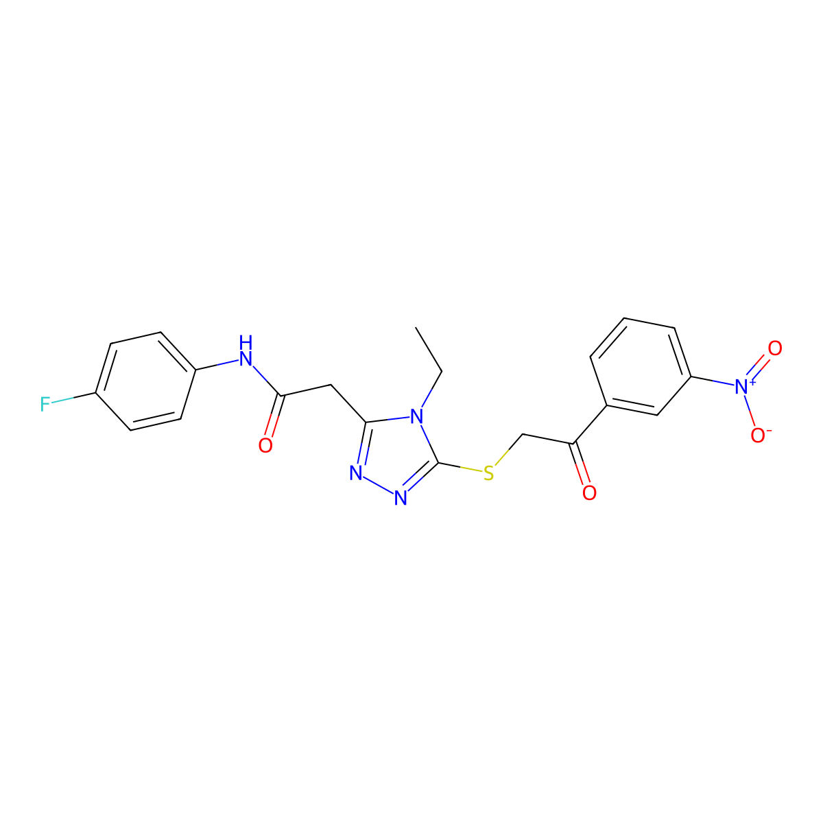 2-[4-ethyl-5-[2-(3-nitrophenyl)-2-oxoethyl]sulfanyl-1,2,4-triazol-3-yl]-N-(4-fluorophenyl)acetamide molecular structure, CAS 792943-92-1