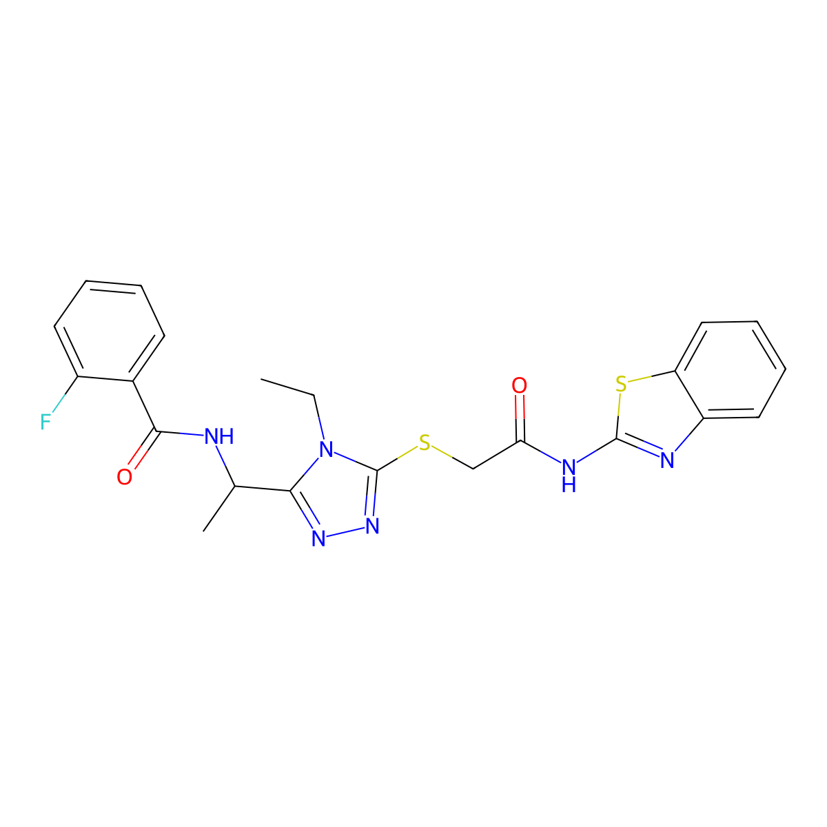 N-[1-(5-{[2-(1,3-benzothiazol-2-ylamino)-2-oxoethyl]sulfanyl}-4-ethyl-4H-1,2,4-triazol-3-yl)ethyl]-2-fluorobenzamide molecular structure, CAS 792944-02-6
