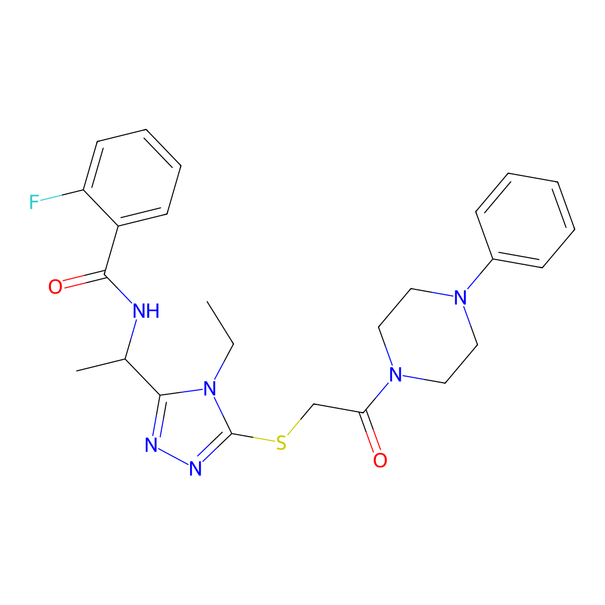 N-[1-(4-ethyl-5-{[2-oxo-2-(4-phenylpiperazin-1-yl)ethyl]sulfanyl}-4H-1,2,4-triazol-3-yl)ethyl]-2-fluorobenzamide molecular structure, CAS 792944-07-1