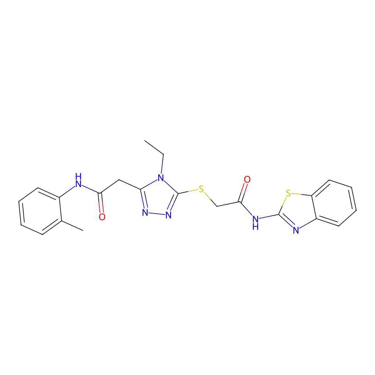 2-[5-[2-(1,3-benzothiazol-2-ylamino)-2-oxoethyl]sulfanyl-4-ethyl-1,2,4-triazol-3-yl]-N-(2-methylphenyl)acetamide molecular structure, CAS 792944-20-8