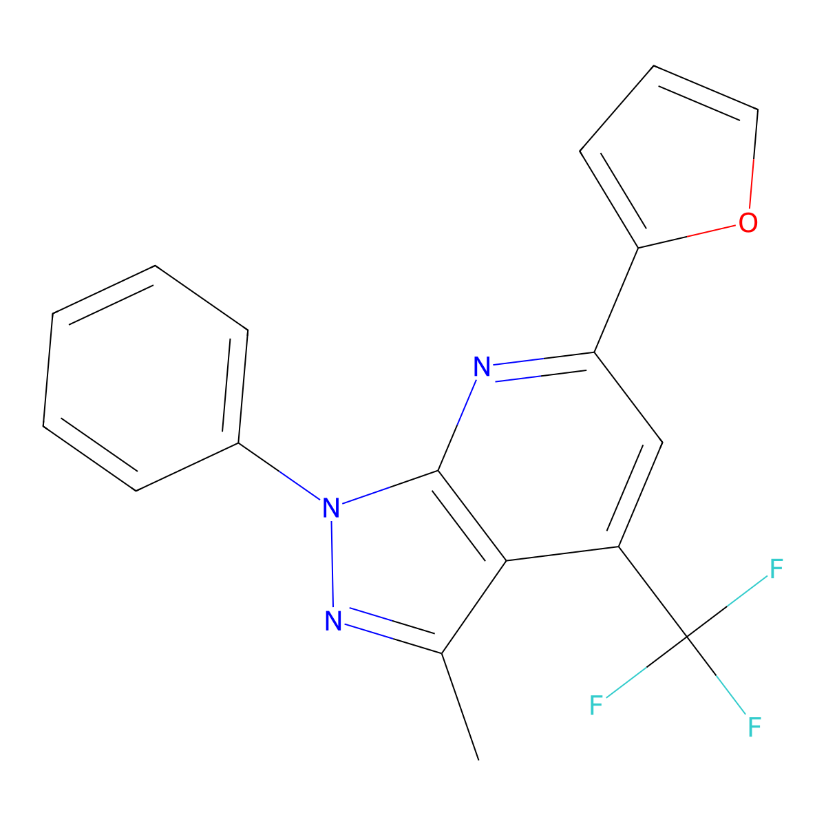 6-(2-Furyl)-3-methyl-1-phenyl-4-(trifluoromethyl)-1H-pyrazolo(3,4-B)pyridine molecular structure, CAS 792945-38-1