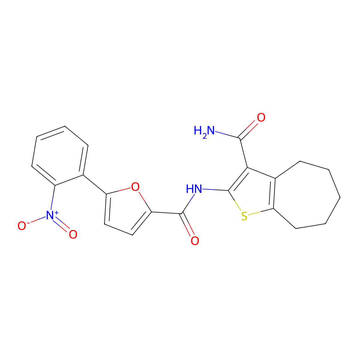 N-(3-carbamoyl-5,6,7,8-tetrahydro-4H-cyclohepta[b]thiophen-2-yl)-5-(2-nitrophenyl)furan-2-carboxamide molecular structure, CAS 792946-33-9