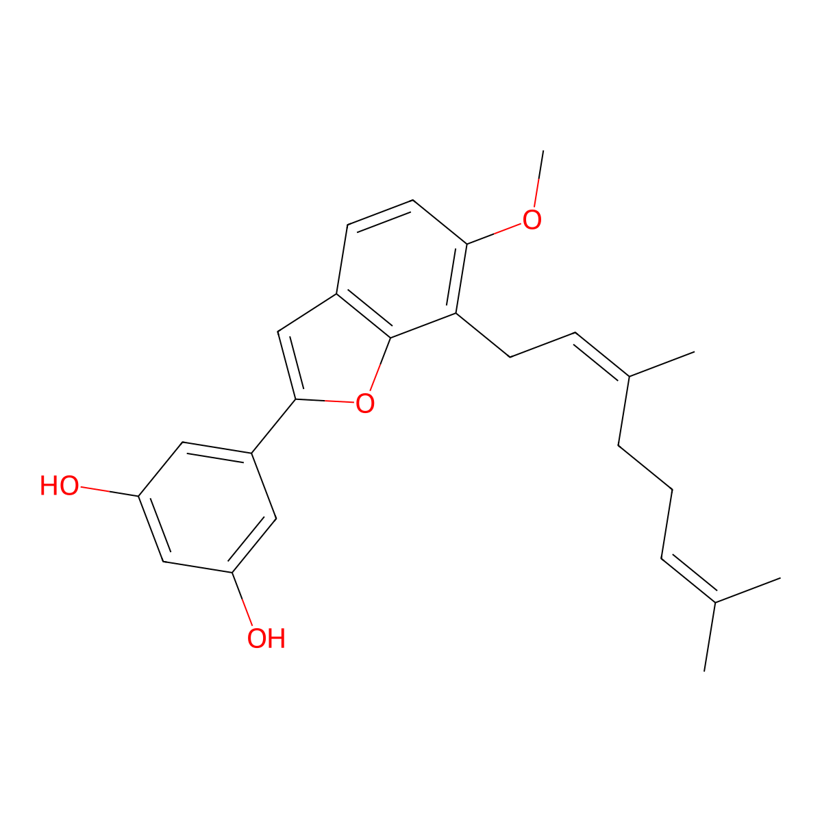 1,3-Benzenediol, 5-(7-((2E)-3,7-dimethyl-2,6-octadienyl)-6-methoxy-2-benzofuranyl)- molecular structure, CAS 79295-49-1