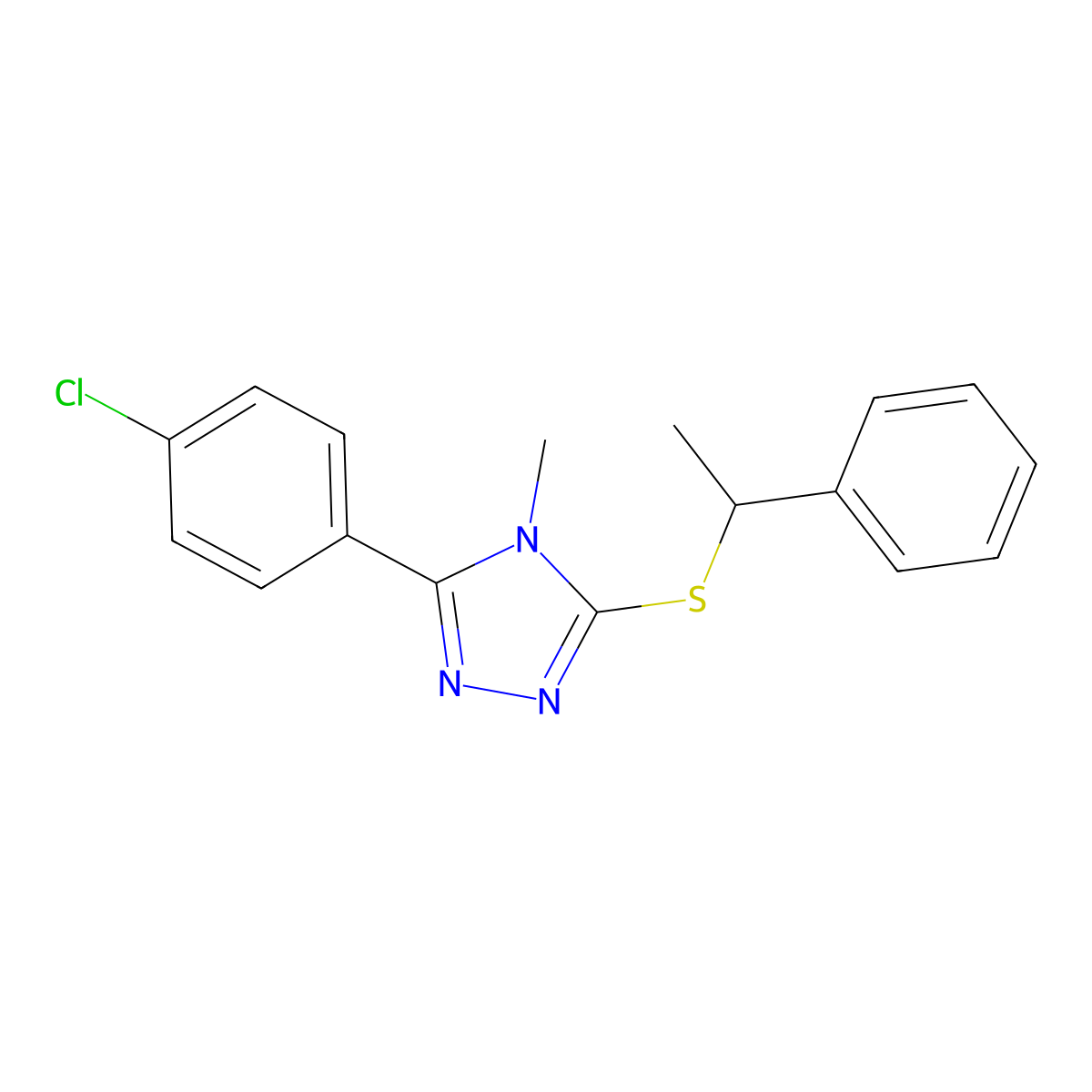 3-(4-Chlorophenyl)-4-methyl-5-((1-phenylethyl)thio)-4H-1,2,4-triazole molecular structure, CAS 792960-68-0