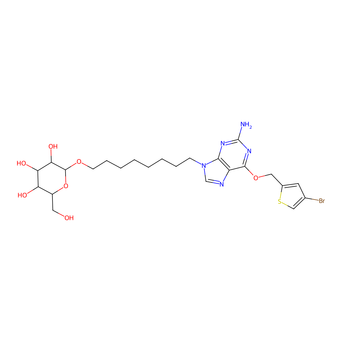 2-{8-[2-Amino-6-(4-bromo-thiophen-2-ylmethoxy)-purin-9-yl]-octyloxy}-6-hydroxymethyl-tetrahydro-pyran-3,4,5-triol molecular structure, CAS 793035-88-8