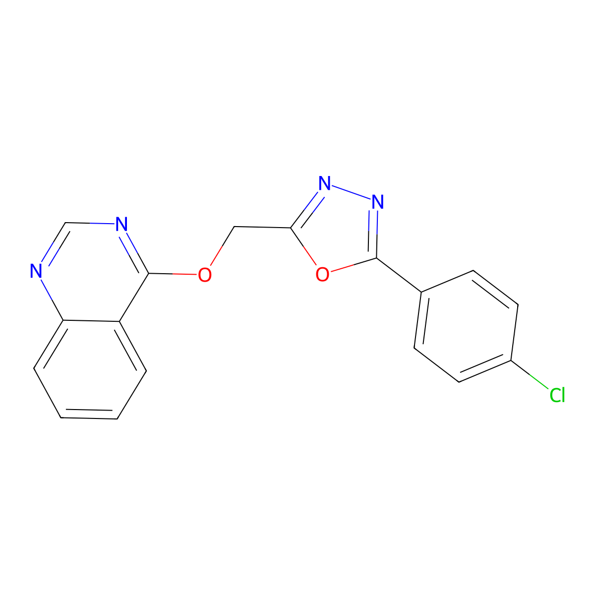 2-(4-Chlorophenyl)-5-((quinazolin-4-yloxy)methyl)-1,3,4-oxadiazole molecular structure, CAS 793722-88-0