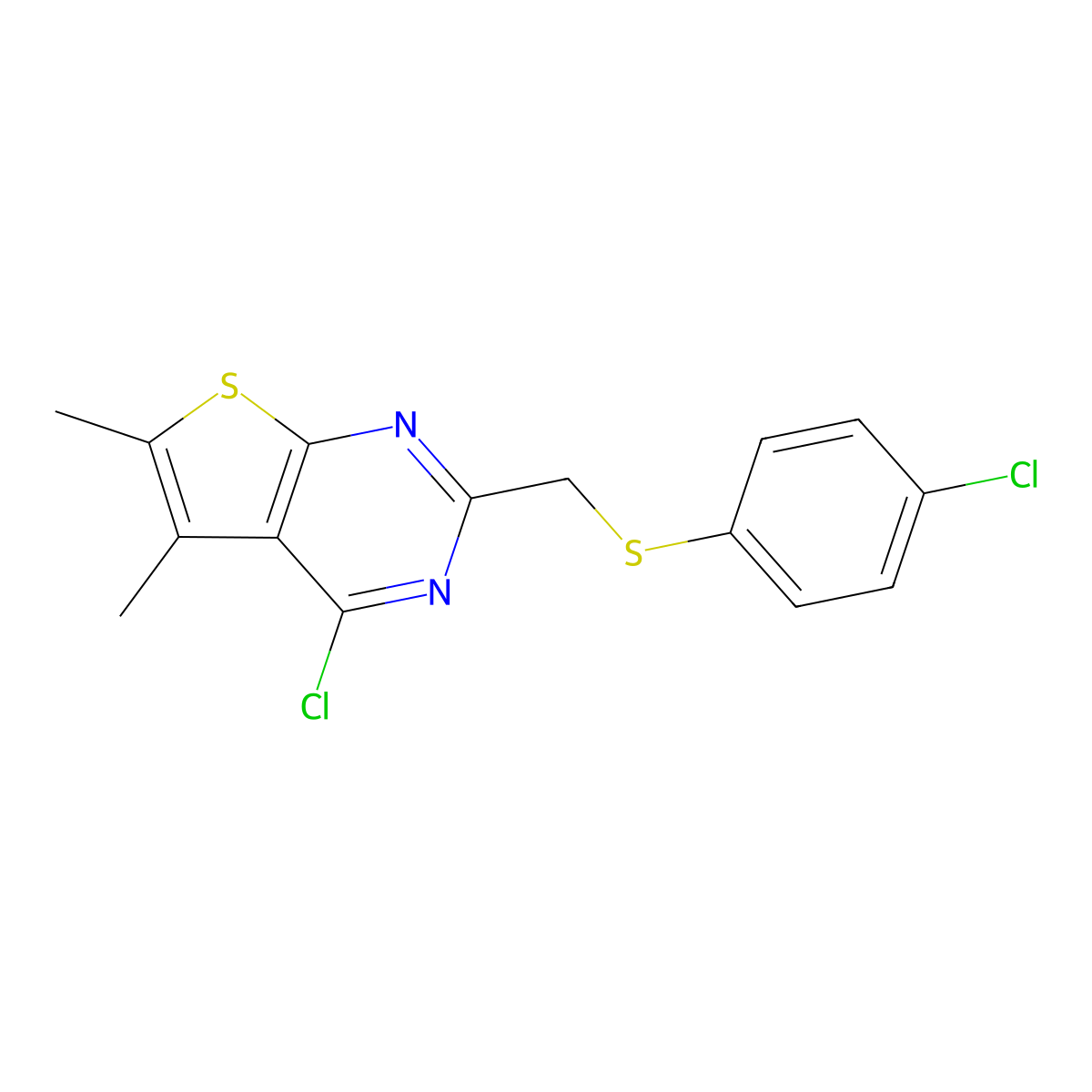 4-Chloro-2-{[(4-chlorophenyl)sulfanyl]methyl}-5,6-dimethylthieno[2,3-d]pyrimidine molecular structure, CAS 793727-83-0