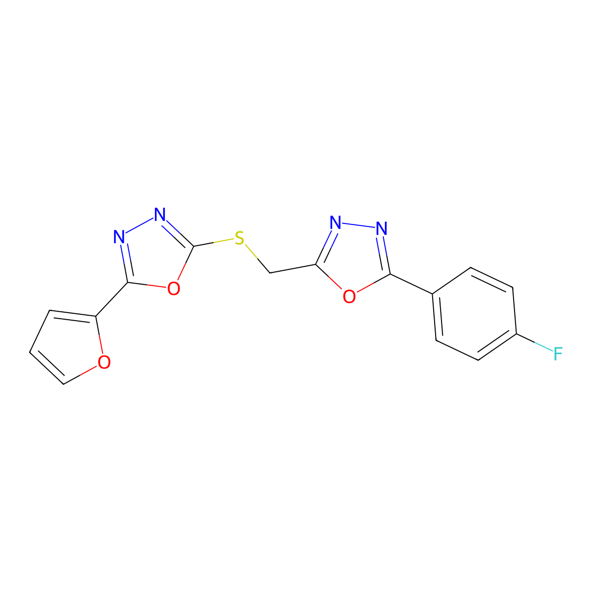 2-(4-Fluorophenyl)-5-(((5-(furan-2-yl)-1,3,4-oxadiazol-2-yl)thio)methyl)-1,3,4-oxadiazole molecular structure, CAS 793729-44-9