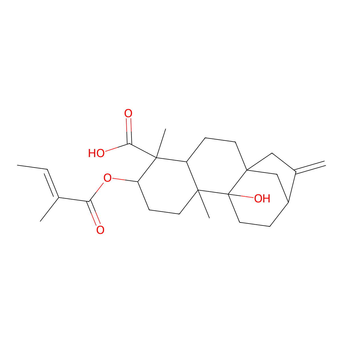 (1S,4S,5S,6R,9R,10S,13R)-10-hydroxy-5,9-dimethyl-6-(2-methylbut-2-enoyloxy)-14-methylidenetetracyclo[11.2.1.01,10.04,9]hexadecane-5-carboxylic acid molecular structure, CAS 79406-11-4