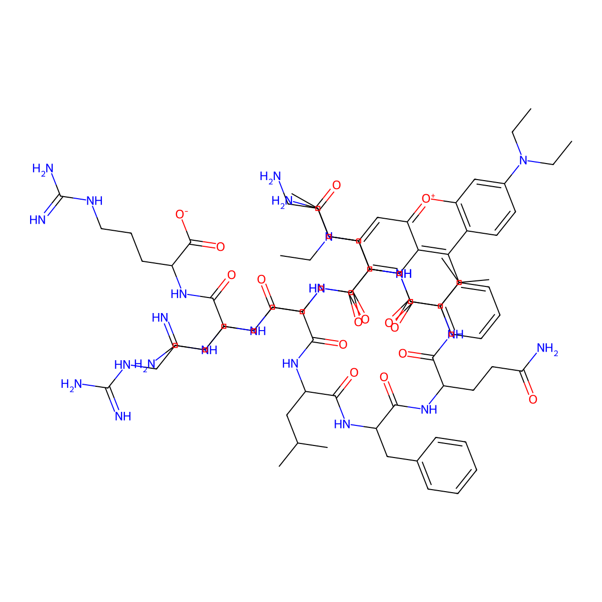 (2S)-2-[[(2S)-2-[[2-[[(2S)-6-amino-2-[[(2S)-2-[[(2S)-5-amino-2-[[(2S)-2-[[(2S)-2-[[(2S)-2-[[(2S)-5-amino-2-[[2-[3,6-bis(diethylamino)xanthen-10-ium-9-yl]benzoyl]amino]-5-oxopentanoyl]amino]-5-carbamimidamidopentanoyl]amino]-4-methylpentanoyl]amino]-3-phenylpropanoyl]amino]-5-oxopentanoyl]amino]-3-methylbutanoyl]amino]hexanoyl]amino]acetyl]amino]-5-carbamimidamidopentanoyl]amino]-5-carbamimidamidopentanoate molecular structure, CAS 794466-43-6