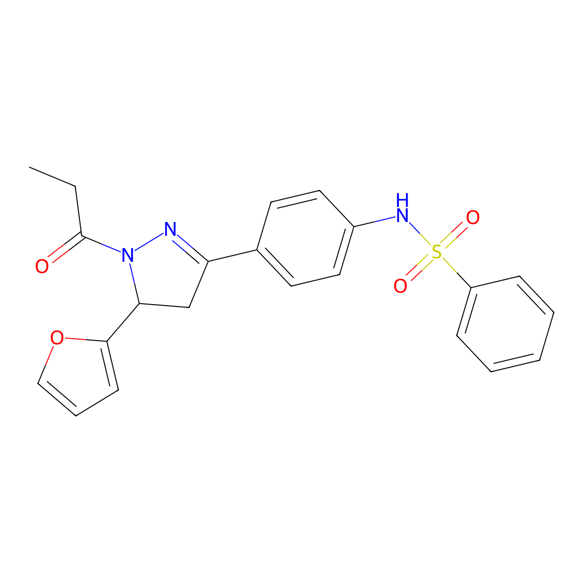 N-[4-[3-(furan-2-yl)-2-propanoyl-3,4-dihydropyrazol-5-yl]phenyl]benzenesulfonamide molecular structure, CAS 794550-77-9