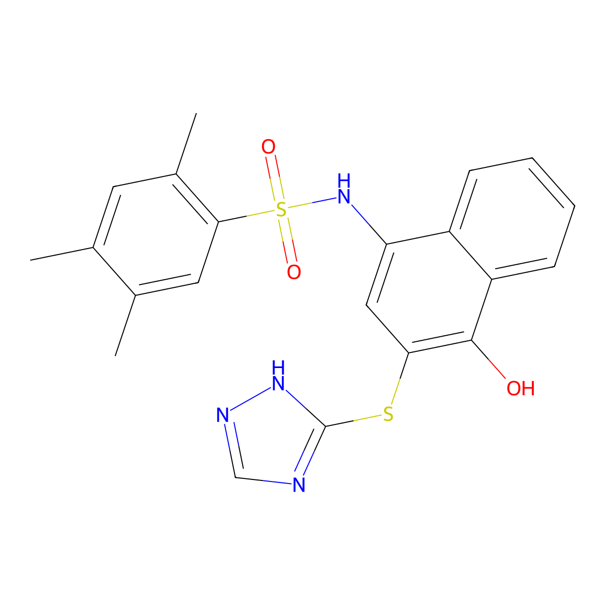 N-[4-hydroxy-3-(1H-1,2,4-triazol-3-ylsulfanyl)-1-naphthyl]-2,4,5-trimethylbenzenesulfonamide molecular structure, CAS 794552-65-1