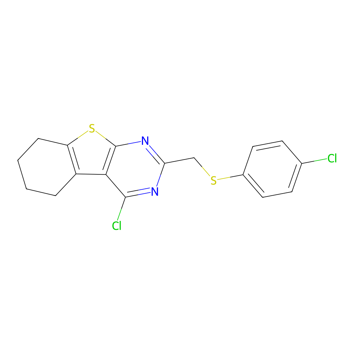 4-Chloro-2-{[(4-chlorophenyl)thio]methyl}-5,6,7,8-tetrahydro[1]benzothieno[2,3-d]pyrimidine molecular structure, CAS 794582-31-3