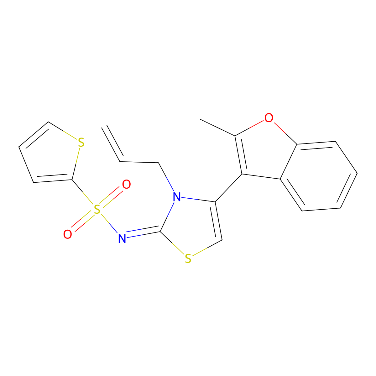 N-[4-(2-methyl-1-benzofuran-3-yl)-3-(prop-2-en-1-yl)-2,3-dihydro-1,3-thiazol-2-ylidene]thiophene-2-sulfonamide molecular structure, CAS 794582-45-9