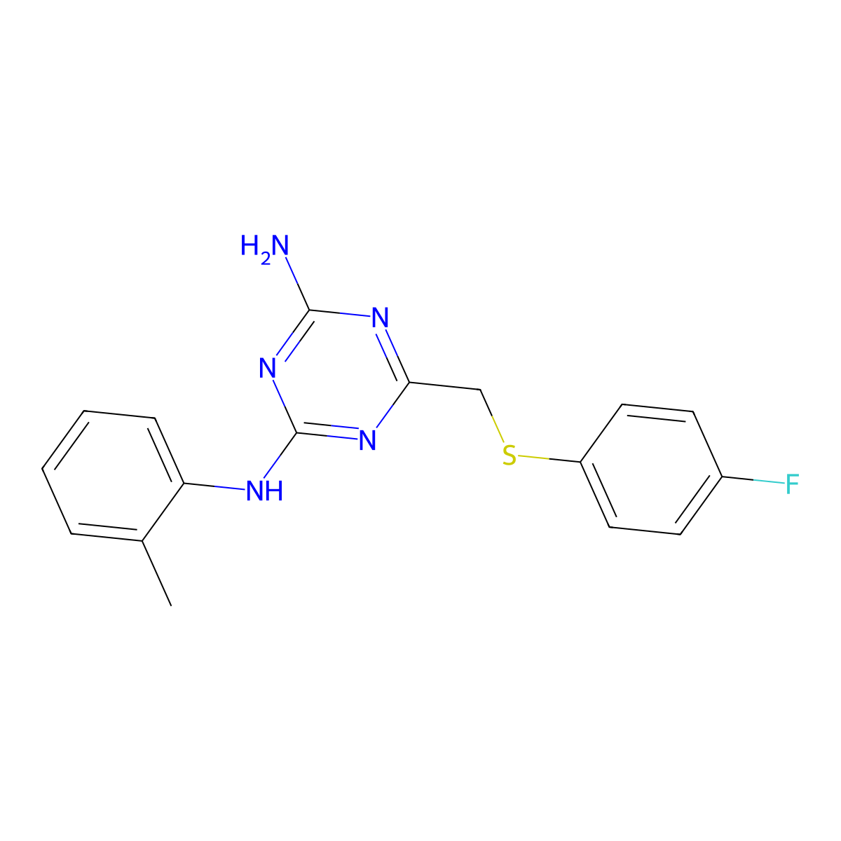 6-[(4-fluorophenyl)sulfanylmethyl]-2-N-(2-methylphenyl)-1,3,5-triazine-2,4-diamine molecular structure, CAS 795285-30-2