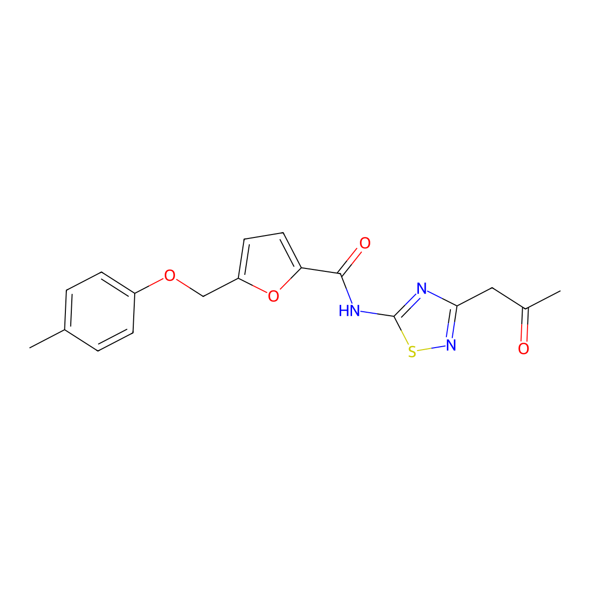 5-[(4-methylphenoxy)methyl]-N-[3-(2-oxopropyl)-1,2,4-thiadiazol-5-yl]furan-2-carboxamide molecular structure, CAS 795294-27-8
