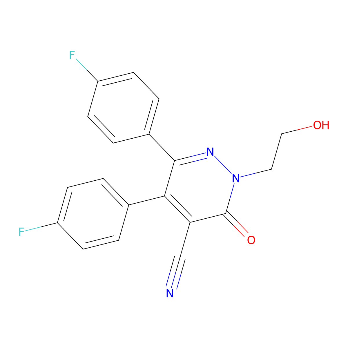 4-Pyridazinecarbonitrile, 5,6-bis(4-fluorophenyl)-2,3-dihydro-2-(2-hydroxyethyl)-3-oxo- molecular structure, CAS 79580-64-6