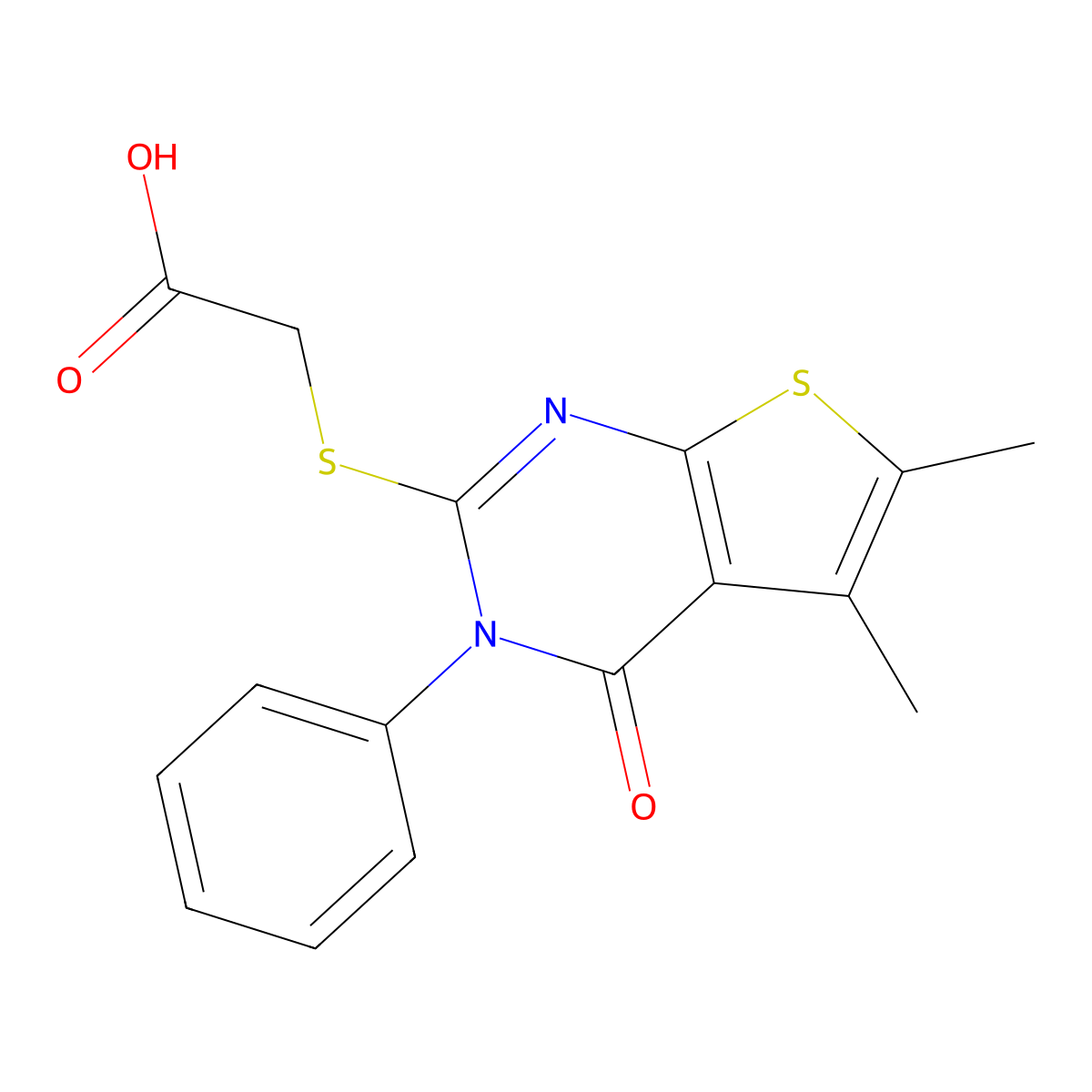 (5,6-Dimethyl-4-oxo-3-phenyl-3,4-dihydro-thieno[2,3-d]pyrimidin-2-ylsulfanyl)-acetic acid molecular structure, CAS 79587-86-3