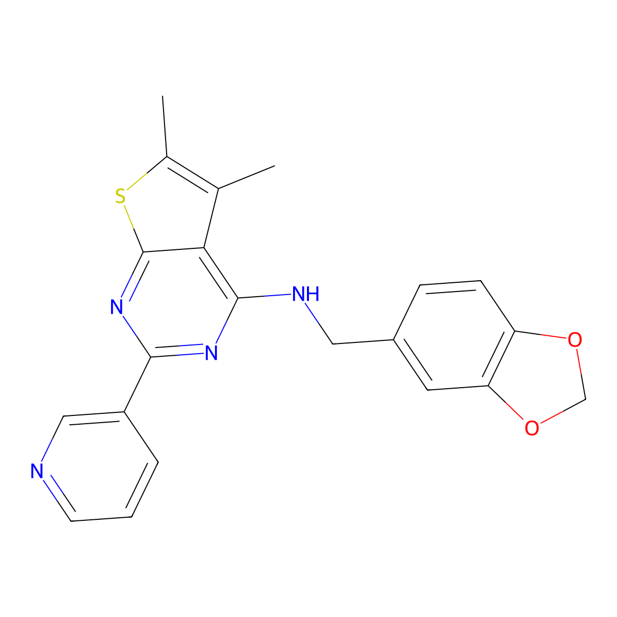 N-(Benzo[d][1,3]dioxol-5-ylmethyl)-5,6-dimethyl-2-(pyridin-3-yl)thieno[2,3-d]pyrimidin-4-amine molecular structure, CAS 796052-04-5