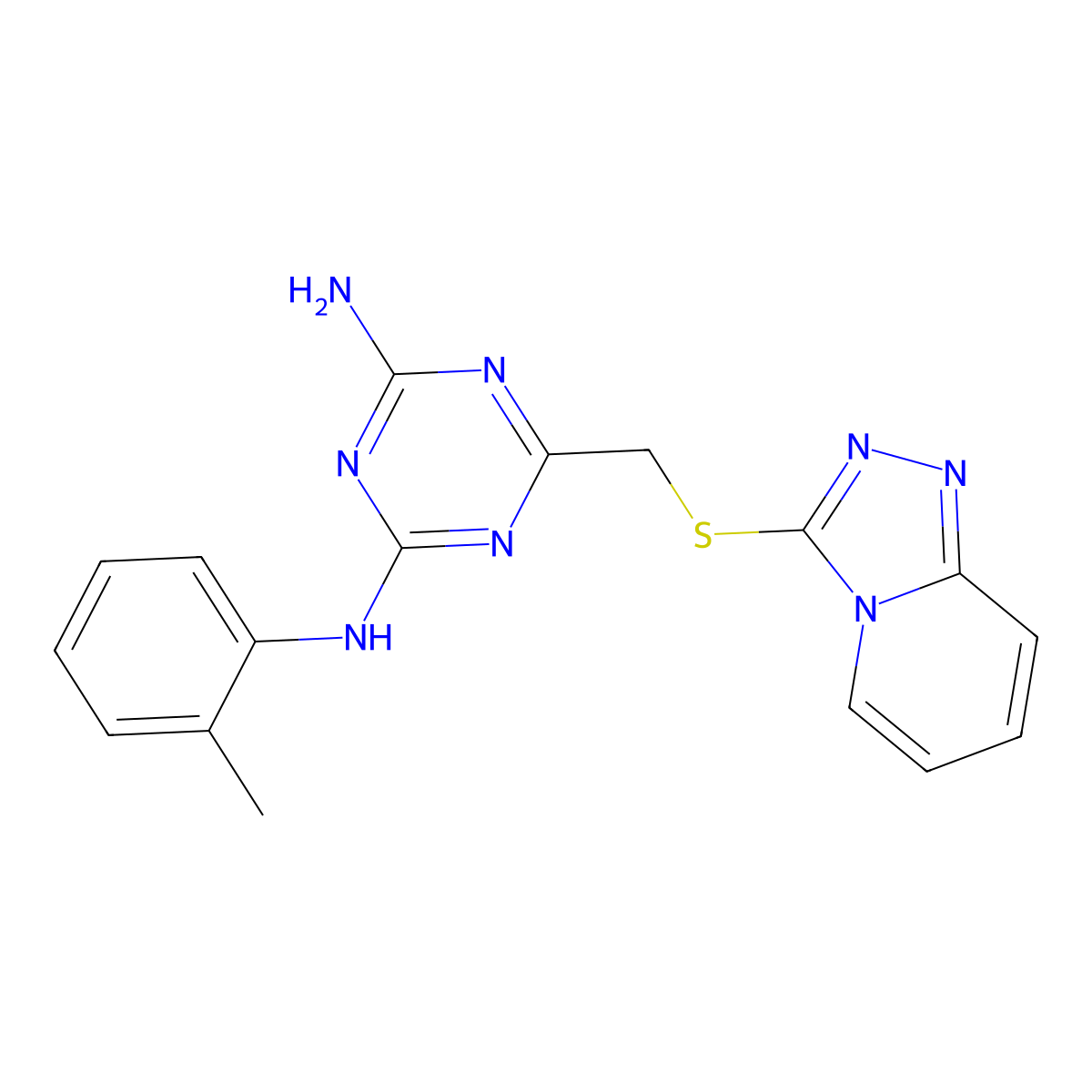 1,3,5-Triazine-2,4-diamine, N2-(2-methylphenyl)-6-[(1,2,4-triazolo[4,3-a]pyridin-3-ylthio)methyl]- molecular structure, CAS 796060-12-3