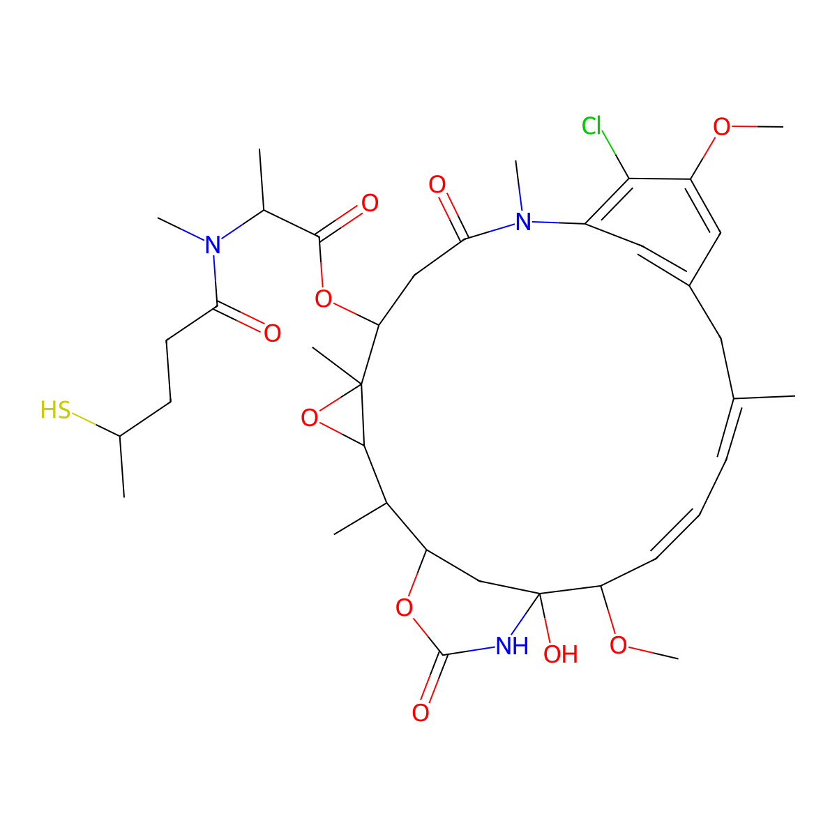 (11-Chloro-21-hydroxy-12,20-dimethoxy-2,5,9,16-tetramethyl-8,23-dioxo-4,24-dioxa-9,22-diazatetracyclo[19.3.1.110,14.03,5]hexacosa-10,12,14(26),16,18-pentaen-6-yl) 2-[methyl(4-sulfanylpentanoyl)amino]propanoate molecular structure, CAS 796073-54-6