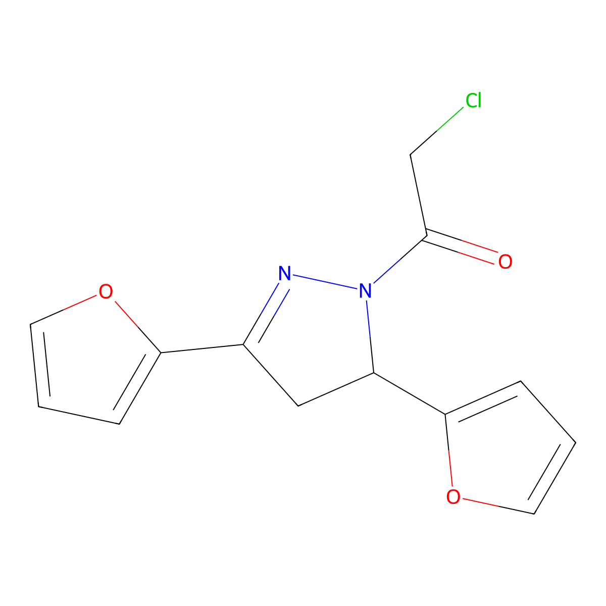 2-Chloro-1-(3,5-di(furan-2-yl)-4,5-dihydro-1H-pyrazol-1-yl)ethanone molecular structure, CAS 796084-57-6