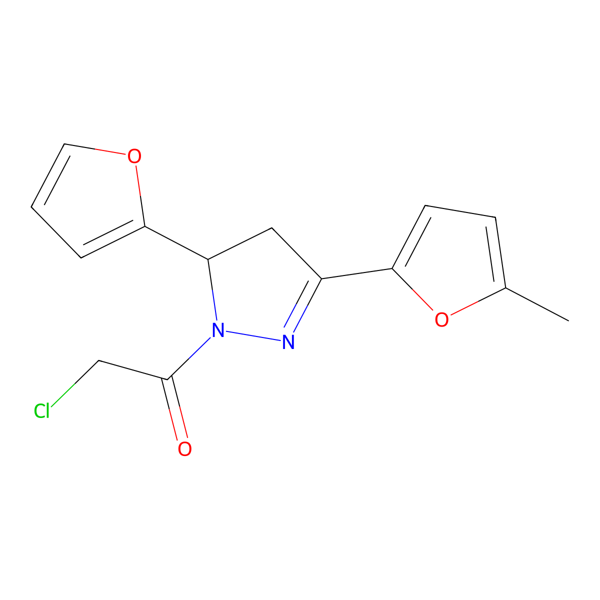 2-chloro-1-[5-(furan-2-yl)-3-(5-methylfuran-2-yl)-4,5-dihydro-1H-pyrazol-1-yl]ethan-1-one molecular structure, CAS 796084-58-7