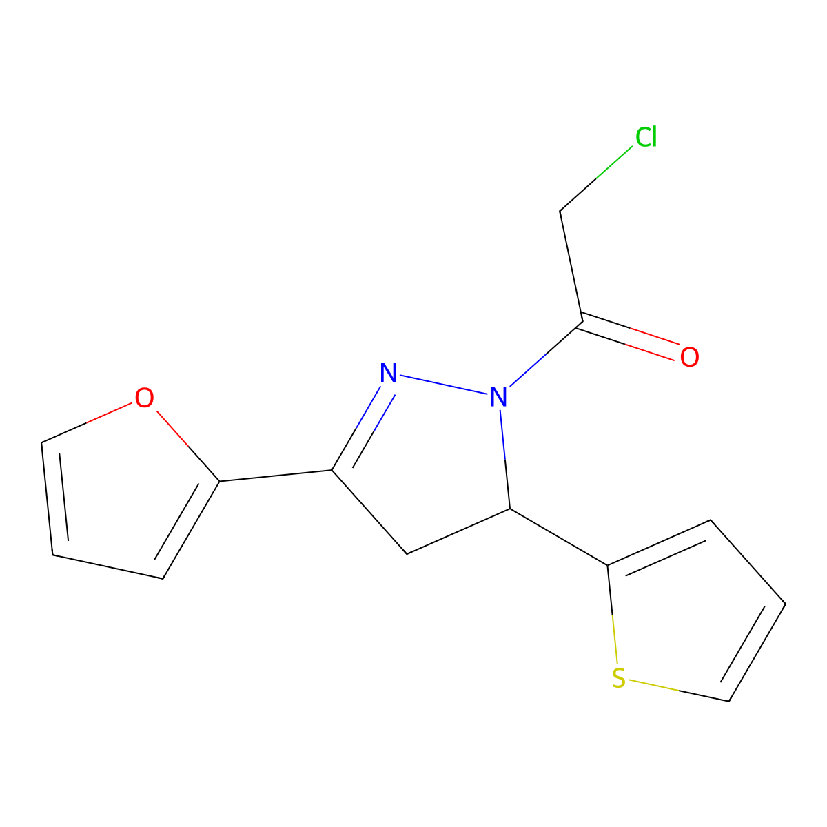 2-chloro-1-[3-(furan-2-yl)-5-(thiophen-2-yl)-4,5-dihydro-1H-pyrazol-1-yl]ethan-1-one molecular structure, CAS 796106-54-2
