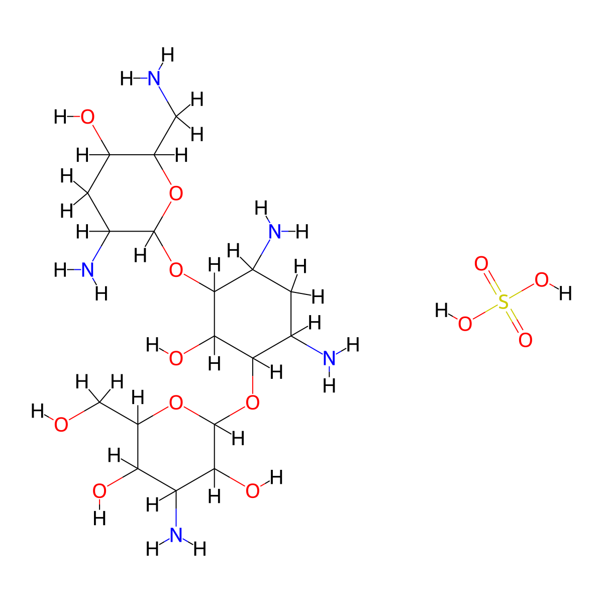 4-Amino-2-[4,6-diamino-3-[3-amino-6-(aminomethyl)-5-hydroxyoxan-2-YL]oxy-2-hydroxycyclohexyl]oxy-6-(hydroxymethyl)oxane-3,5-diol sulfate molecular structure, CAS 79645-27-5