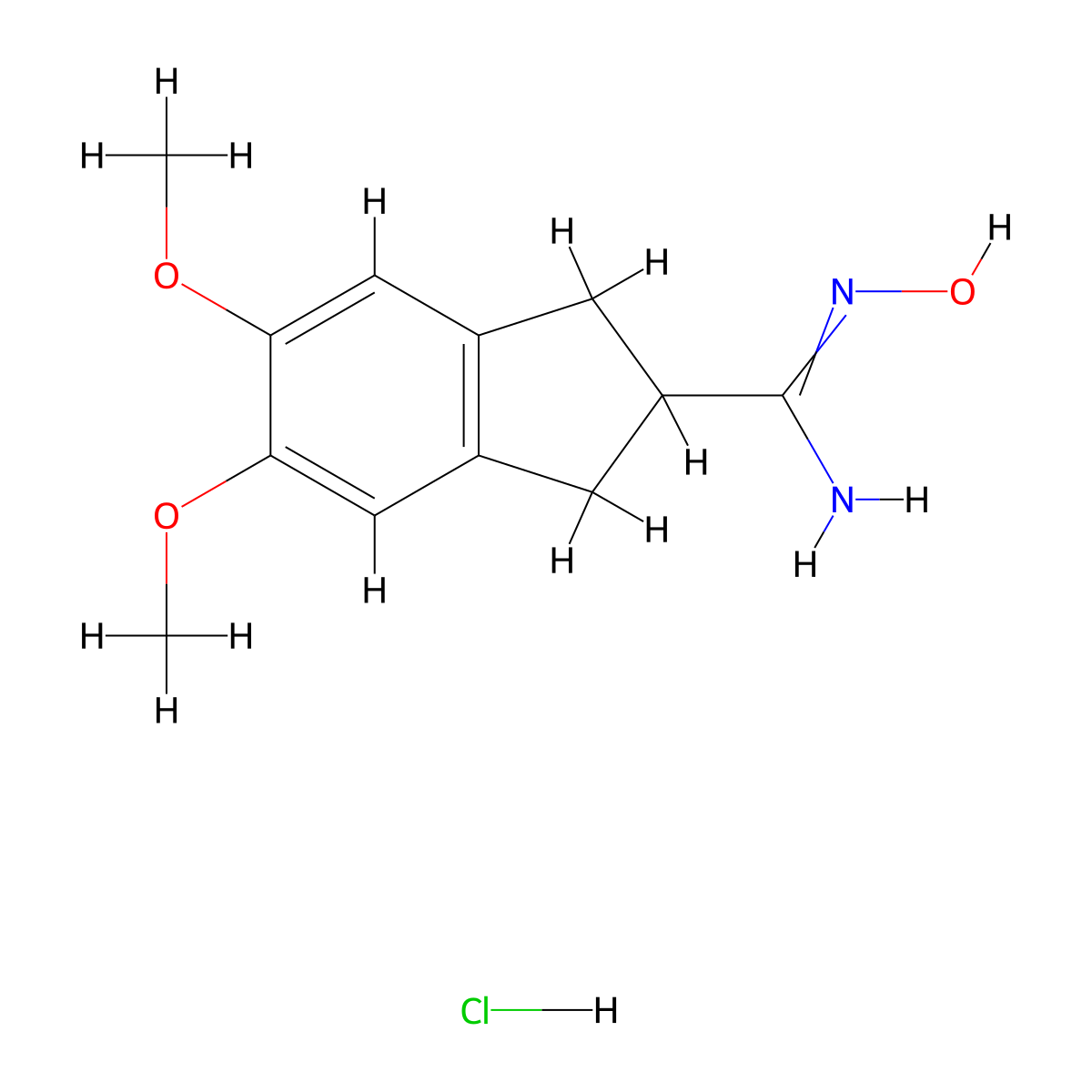 1H-Indene-2-carboximidamide, 2,3-dihydro-N-hydroxy-5,6-dimethoxy-, hydrochloride (1:1) molecular structure, CAS 79660-76-7