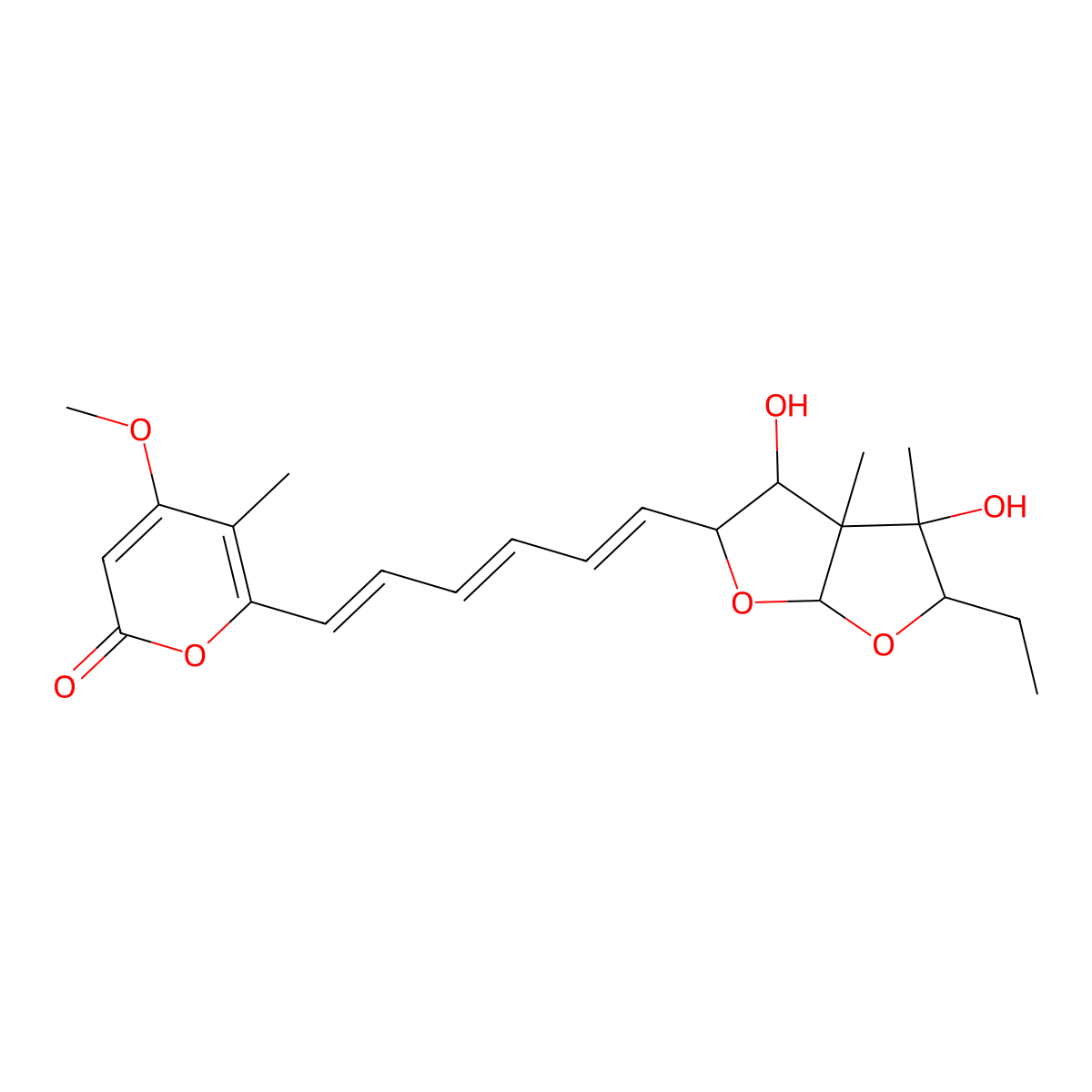 6-((1E,3E,5E)-6-((2R,3R,3aR,4R,5R,6aS)-5-Ethylhexahydro-3,4-dihydroxy-3a,4-dimethylfuro(2,3-b)furan-2-yl)-1,3,5-hexatrien-1-yl)-4-methoxy-5-methyl-2H-pyran-2-one molecular structure, CAS 79663-49-3