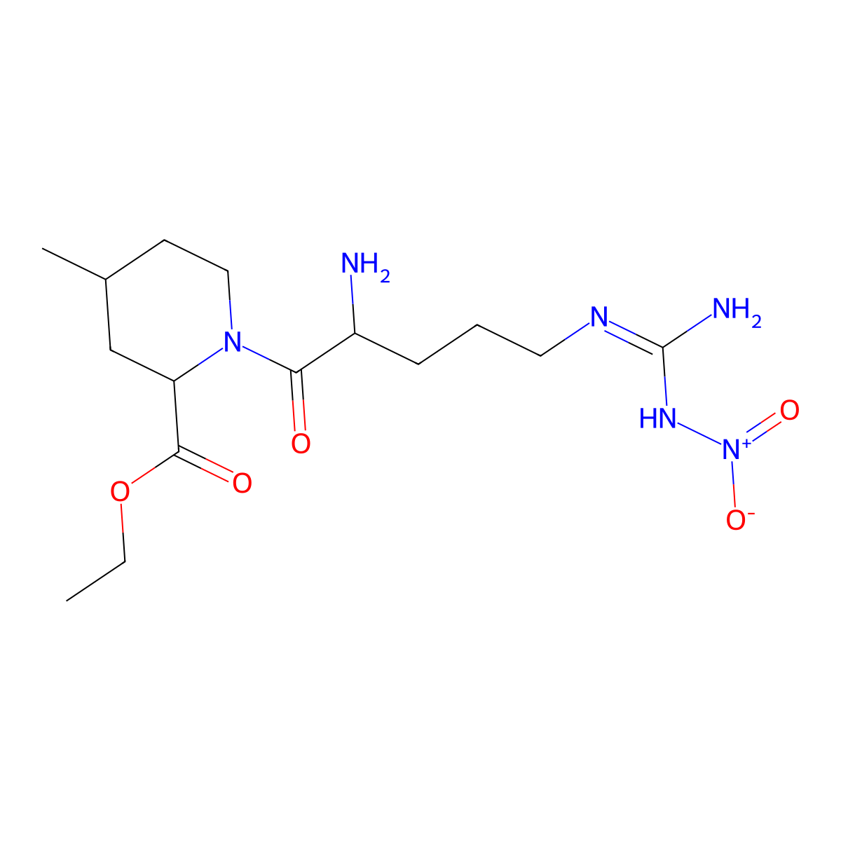 2-Piperidinecarboxylicacid,1-[2-amino-5-[[imino(nitroamino)methyl]amino]-1-oxopentyl]-4-methyl-,ethylester,[2R-[1(S*),2alphar,4beta]] molecular structure, CAS 79672-38-1