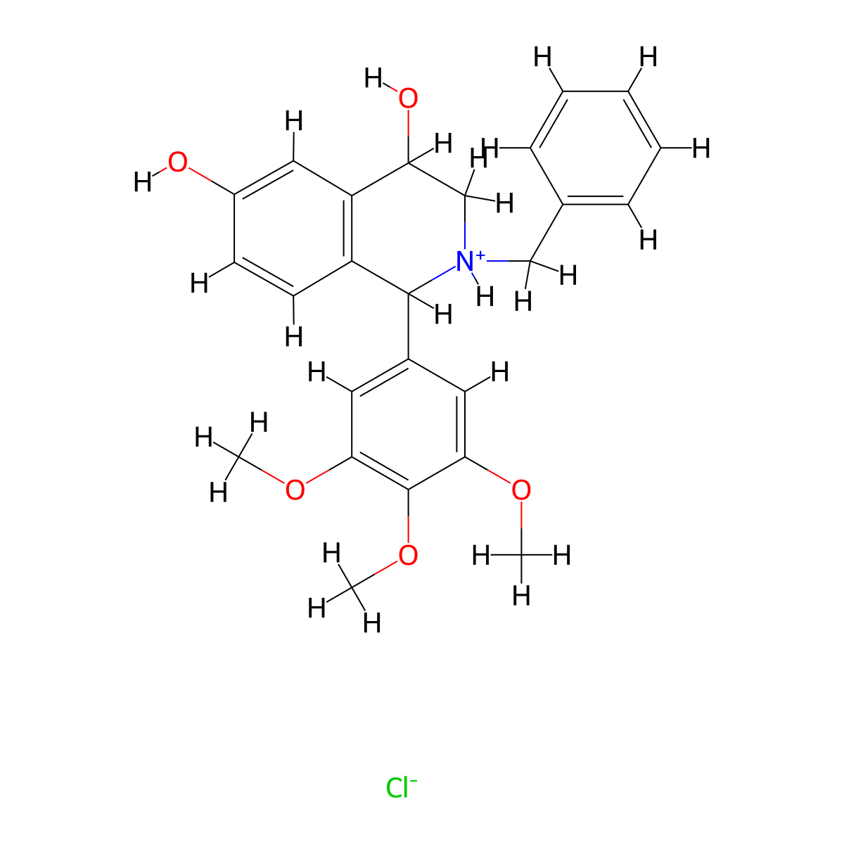2-Benzyl-1-(3,4,5-trimethoxyphenyl)-1,2,3,4-tetrahydroisoquinoline-4,6-diol--hydrogen chloride (1/1) molecular structure, CAS 79677-06-8