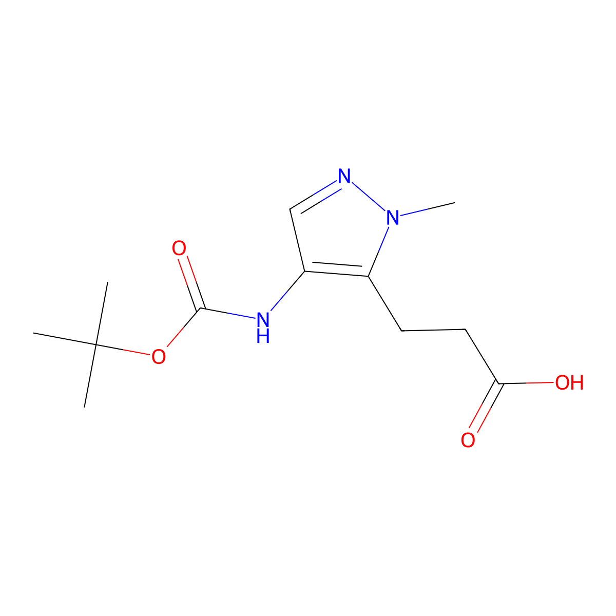 3-(4-(((tert-butoxy)carbonyl)amino)-1-methyl-1H-pyrazol-5-yl)propanoic acid molecular structure, CAS 796845-68-6