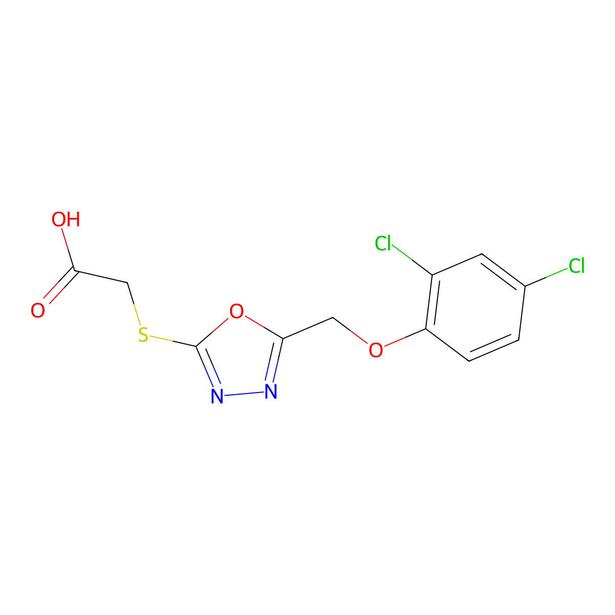 ({5-[(2,4-Dichlorophenoxy)methyl]-1,3,4-oxadiazol-2-yl}sulfanyl)acetic acid molecular structure, CAS 79685-88-4